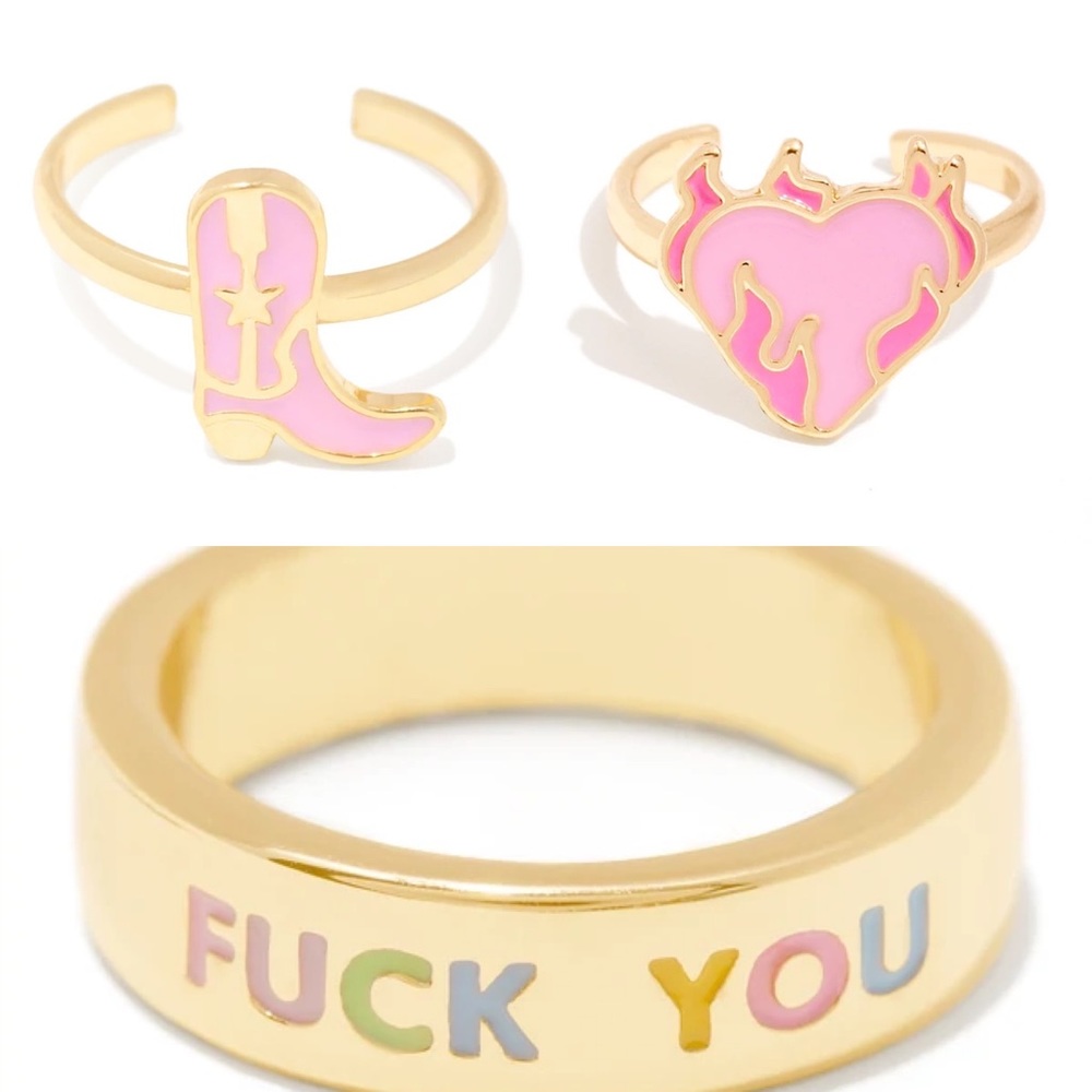 Set of 3 trendy rings cowboy cowgirl boot, flame heart, f u colorful ring